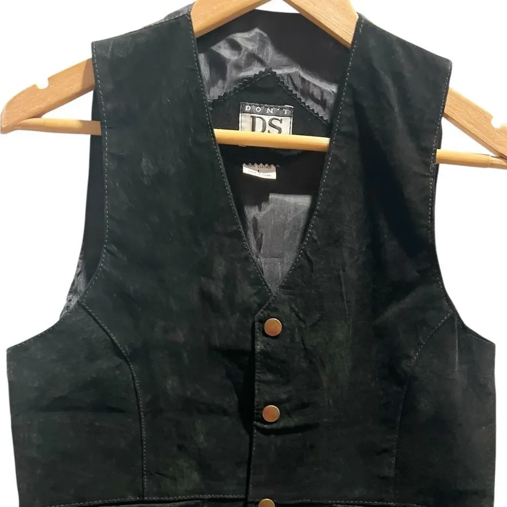 Don’t DS Stop Black Genuine Leather Vest Men’s L Snap Front Lined